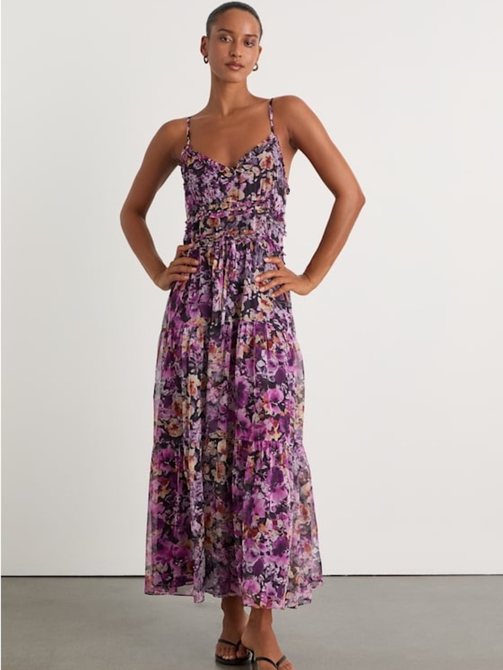 NWT Lulus Dayah Purple Floral Ruffled Tiered Midi Dress